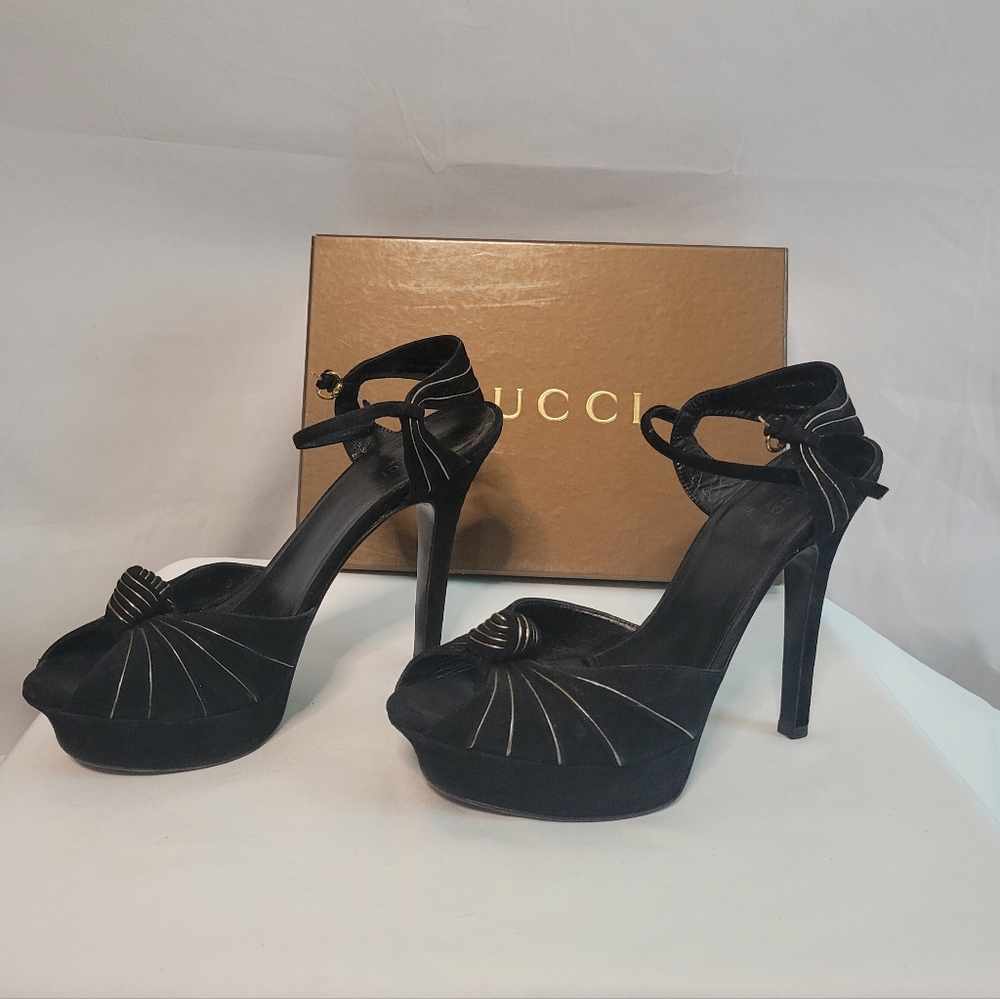 Gucci Black Stiletto Heels, Ankle Strap Gold Line Detail, Twisted Knot/Peep Toe